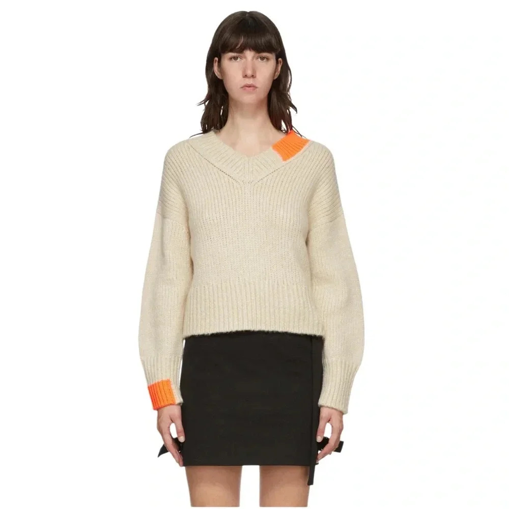 Helmut Lang Cream Sweater with Bold Orange Accents